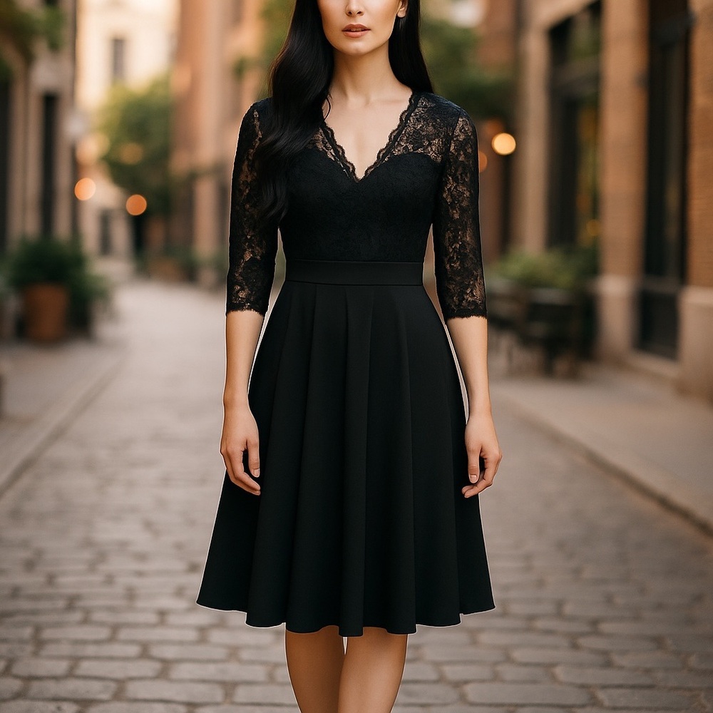 Elegant Black A-Line Lace Cocktail Evening Party Dress Size Large